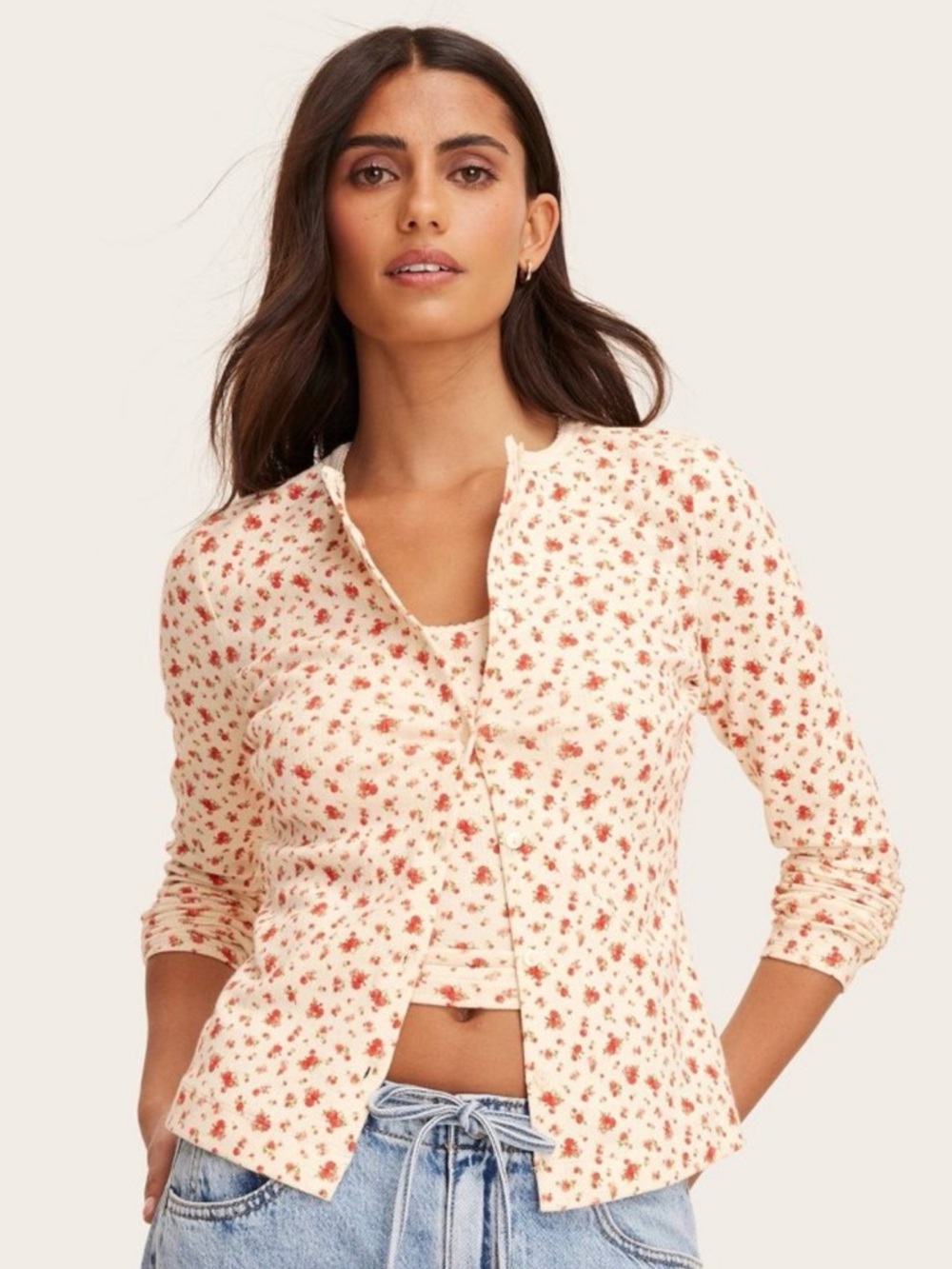 Floral Cream Button-Up Knit Top with Red Print